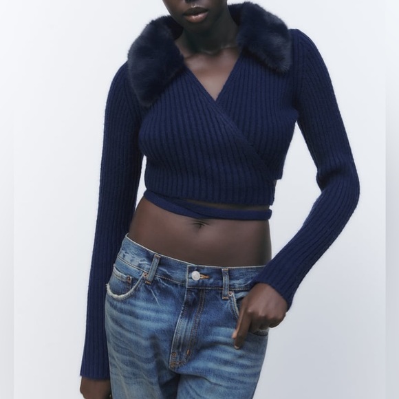 Zara Navy Blue Wool Blend Faux Fur Lapel Collar Knit Cardigan - Picture 10 of 17